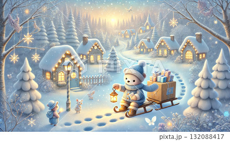 雪の村にプレゼントを届ける白くまの郵便屋さんと灯りがともる幻想的で温かい冬の夜の風景 132088417