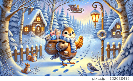 雪の森で手紙を届ける小鳥の郵便屋さんとリスやウサギが集う温かい冬のファンタジーイラスト 132088453