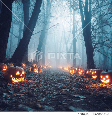A spooky, eerie Halloween scene with a line of glowing jack-o'-lanterns lighting a dark, foggy forest path. The blue mist and tall trees create a mysterious and atmospheric horror setting 132088498
