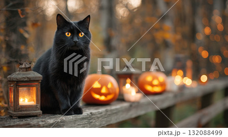A striking black cat with brilliant orange eyes sits beside a warm, lit vintage lantern and glowing jack-o'-lanterns on a rustic fence. This image perfectly captures the mood of autumn and halloween. 132088499