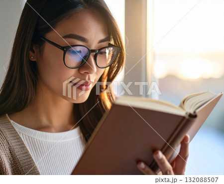 窓辺で読書をする若い女性 窓辺で読書をする若い女性 132088507