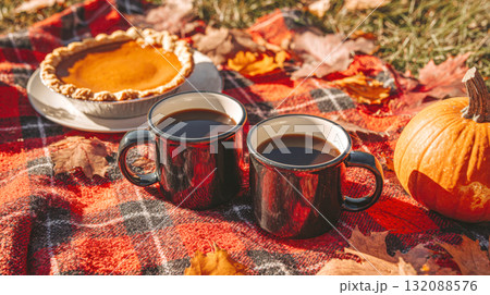 An inviting autumn picnic scene featuring a pumpkin pie and two black enamel mugs of hot coffee or tea on red plaid blanket. Surrounded by small pumpkin and vibrant fall leaves in natural, warm light 132088576