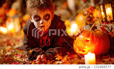 A chilling halloween portrait of a young boy with skeleton face paint and a dark costume. He lies among autumn leaves next to a glowing pumpkin and candles, creating a spooky, eerie outdoor theme 132088577
