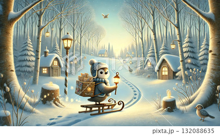 雪の森をそりで進む小鳥の郵便屋さん　ランプの灯りが照らす心温まる冬のメルヘンファンタジーイラスト 132088635