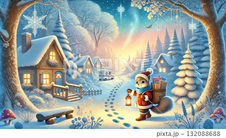 雪の森を照らすランプと手紙を届けるリスの郵便屋さん　冬の夜に灯る優しい光とメルヘンの物語 132088688