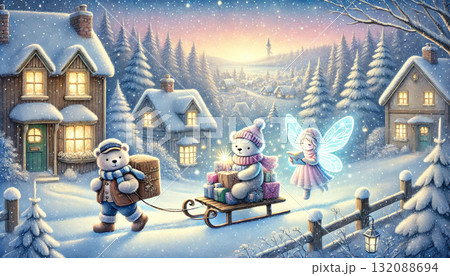雪の村をプレゼントを届けるクマたちと光る妖精　あたたかい灯りに包まれた冬のファンタジー風景 132088694