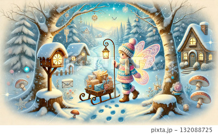 雪の森を歩く妖精の郵便屋さん ランプを灯してプレゼントと手紙を届ける幻想的な冬のファンタジー 雪の森を歩く妖精の郵便屋さん ランプを灯してプレゼントと手紙を届ける幻想的な冬のファンタジー 132088725