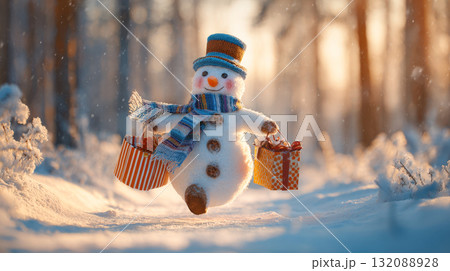 A delightful, plush snowman figurine in blue striped scarf and hat appears to be walking or floating on snow-covered path. He is carrying two gift baskets in forest setting during a beautiful hours 132088928