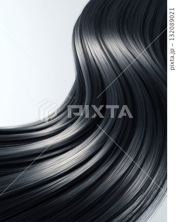 Elegant Flowing Jet Black Hair Waves. Close-Up of Dark, Silky, and Highly Glossy Hair Strands with Smooth Texture, Ideal for Cosmetics, Shampoo, Luxury Beauty Product Advertising and Salon Promotions 132089021