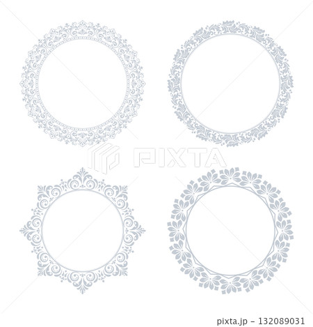 Set of decorative frames Elegant vector element for design in Eastern style, place for text. Floral gray and white borders. Lace illustration for invitations and greeting cards Set of decorative frames Elegant vector element for design in Eastern style, place for text. Floral gray and white borders. Lace illustration for invitations and greeting cards 132089031