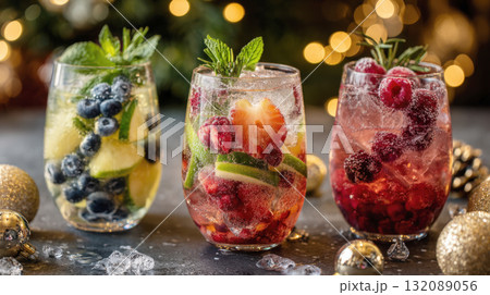 Close-up of three sparkling, colorful holiday cocktails or mocktails with berries, lime, and mint. Festive Christmas or New Year's party drinks set against a warm bokeh background and ornaments 132089056