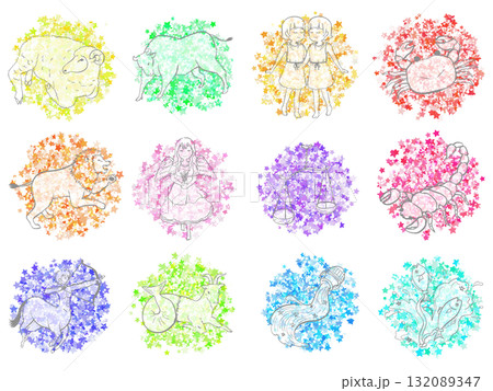 かわいいカラフルな星座のアイコンセット　牡羊座牡牛座双子座蟹座獅子座乙女座天秤座さそり座射手座山羊座 132089347