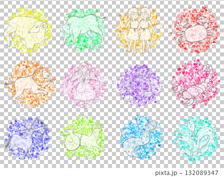 かわいいカラフルな星座のアイコンセット　牡羊座牡牛座双子座蟹座獅子座乙女座天秤座さそり座射手座山羊座 132089347