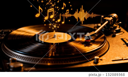 Vinyl Record Player with Musical Notes Visual Effect for Retro Music and Nostalgia Marketing Vinyl Record Player with Musical Notes Visual Effect for Retro Music and Nostalgia Marketing 132089368