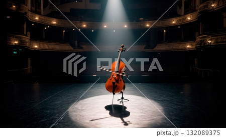 Cello in Concert Hall with Dramatic Spotlight for Elegant Music Performance Content Cello in Concert Hall with Dramatic Spotlight for Elegant Music Performance Content 132089375
