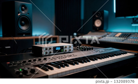 Modern Music Production Studio Equipment Close-up for Creative Industry Content 132089376