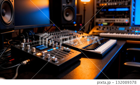 Modern Music Production Studio Equipment Close-up for Creative Industry Content 132089378