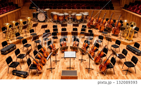Classical Music Orchestra Instruments Arrangement on Stage for Cultural Events and Performances Classical Music Orchestra Instruments Arrangement on Stage for Cultural Events and Performances 132089393