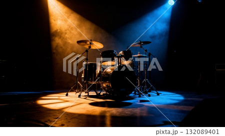 Drum Kit Silhouette with Dramatic Stage Lighting for Live Music and Concert Promotion 132089401