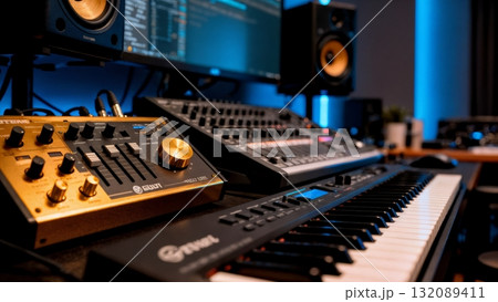 Modern Music Production Studio Equipment Close-up for Creative Industry Content 132089411