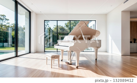Minimalist White Piano in Bright Modern Room for Luxury Interior and Lifestyle Content 132089412