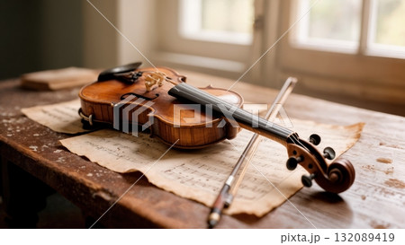 Vintage Violin Resting on Sheet Music with Soft Morning Light for Classical Arts Marketing Vintage Violin Resting on Sheet Music with Soft Morning Light for Classical Arts Marketing 132089419