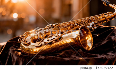 Saxophone Brass Detail with Golden Hour Light for Jazz Music and Luxury Content Saxophone Brass Detail with Golden Hour Light for Jazz Music and Luxury Content 132089422