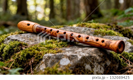 Vintage Wooden Flute on Nature Background for Organic Music and Meditation Content Vintage Wooden Flute on Nature Background for Organic Music and Meditation Content 132089425