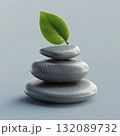 Stacked gray stones with a vibrant green leaf on top, symbolizing balance and tranquility in a serene environment, showcasing natural harmony and wellness concepts 132089732