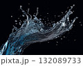 Dynamic splash of clear water against a black background, capturing the fluid motion and energy of water droplets in mid-air, showcasing natural beauty and elegance 132089733