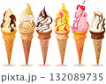 Colorful ice cream cones featuring various flavors and toppings, arranged in a row, showcasing delightful textures and vibrant colors, perfect for summer treats and desserts 132089735