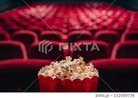 Red popcorn bucket filled with fresh popcorn sits in foreground of empty cinema, with blurred red seats creating a cozy atmosphere for movie lovers 132089736