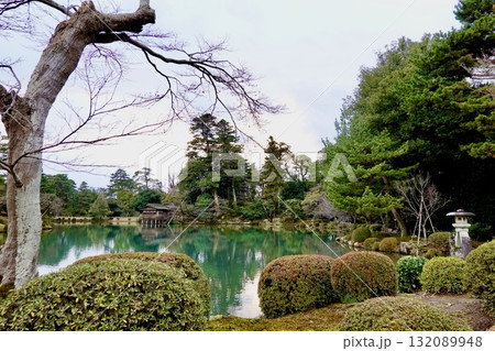 兼六園　霞が池の徽軫灯籠(ことじとうろう)が遠くに見える風景　石川県金沢市 132089948