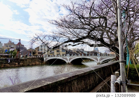 ひがし茶屋街　東山河岸緑地近くから浅野川大橋を見た風景　石川県金沢市 132089980