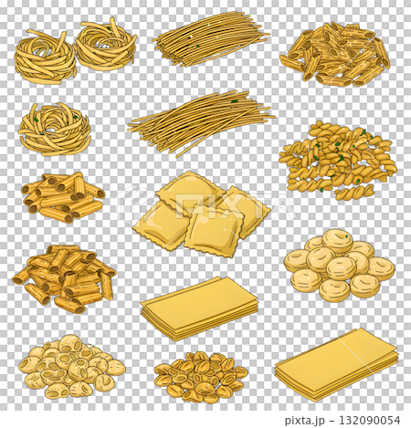 Italian pasta set. collection of various noodles types such as tagliatelle, spaghetti, penne, fusilli, ravioli, macaroni and others. illustration design. 132090054