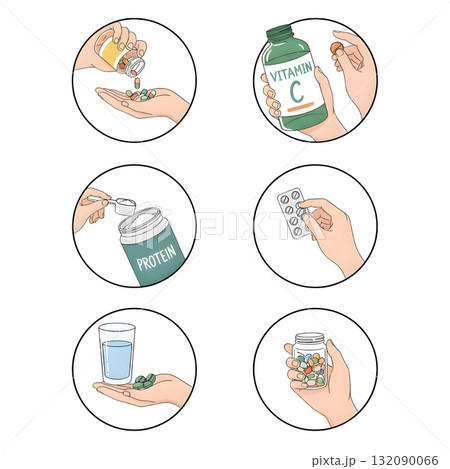 Health care concept set. Collection of people check body temperature, take pills, supplements, capsules with water and catch urine sample. Hands hold drugs and medications. illustration design. Health care concept set. Collection of people check body temperature, take pills, supplements, capsules with water and catch urine sample. Hands hold drugs and medications. illustration design. 132090066
