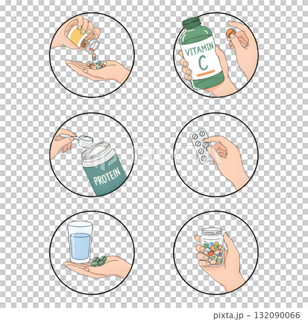 Health care concept set. Collection of people check body temperature, take pills, supplements, capsules with water and catch urine sample. Hands hold drugs and medications. illustration design. Health care concept set. Collection of people check body temperature, take pills, supplements, capsules with water and catch urine sample. Hands hold drugs and medications. illustration design. 132090066