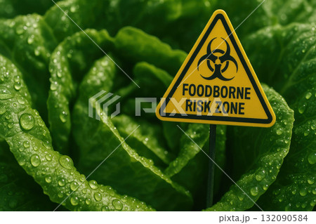 Concerning foodborne risk zone warning sign on contaminated lettuce. biohazard symbol highlights danger to health and safety, macro shot of unsafe produce Concerning foodborne risk zone warning sign on contaminated lettuce. biohazard symbol highlights danger to health and safety, macro shot of unsafe produce 132090584