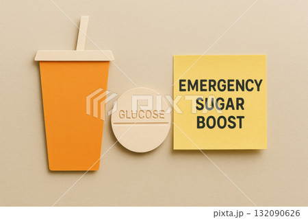 Emergency sugar boost concept for hypoglycemia or diabetes. First aid with glucose tablet and juice for urgent health care. papercraft showing prepared response Emergency sugar boost concept for hypoglycemia or diabetes. First aid with glucose tablet and juice for urgent health care. papercraft showing prepared response 132090626