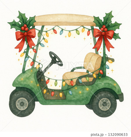 Watercolor illustration of festive golf cart clipart decorated with sparkling christmas light, red ribbon, and holly. cozy holiday atmosphere with joyful festive charm 132090633