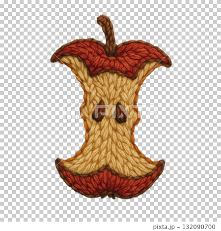 Charming apple core patch made with hand embroidery in rustic style. This realistic textile illustration features cotton thread detail isolated on transparency background 132090700