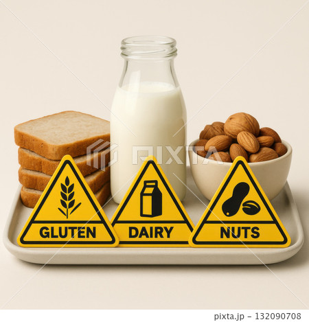 Food safety warning concept showing gluten, dairy, and nut allergen. yellow sign and label for each item on tray promote awareness for safe diet and food intolerance 132090708