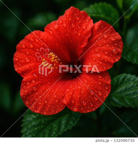 Vibrant red hibiscus flower with morning dew captures serene, elegant feeling. This beautiful tropical bloom offers stunning botanical macro view, full of lush, fresh detail 132090710