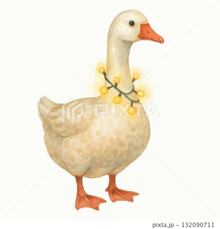Charming watercolor illustration of festive christmas goose decorated with fairy light around its neck. This cute and isolated animal looks cheerful for holiday 132090711