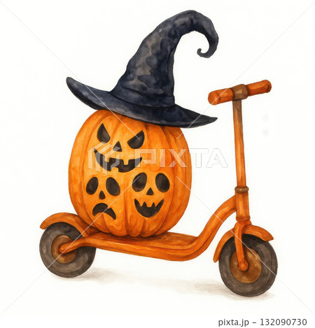 Whimsical watercolor illustration of spooky pumpkin with monster face riding scooter. Halloween clipart shows jack o lantern wearing crooked witch hat, fun design 132090730