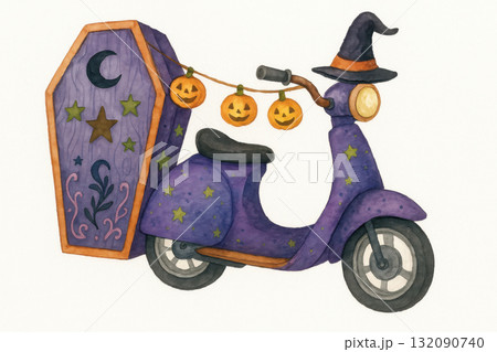 Whimsical watercolor illustration of spooky Halloween scooter with coffin and witch hat. This fun jack o lantern design isolated on white background for festive mood Whimsical watercolor illustration of spooky Halloween scooter with coffin and witch hat. This fun jack o lantern design isolated on white background for festive mood 132090740