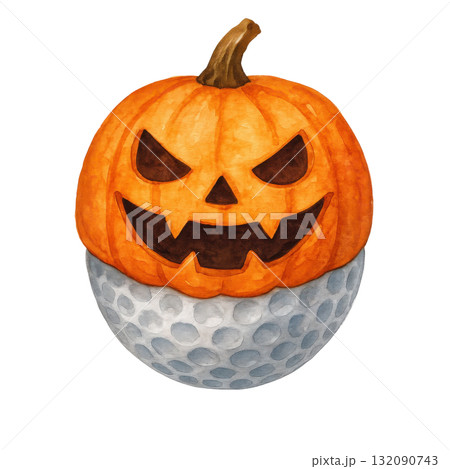 Spooky watercolor illustration of single golf ball wearing scary pumpkin mask for Halloween. This funny, creepy clipart isolated on transparency background with menacing grin 132090743