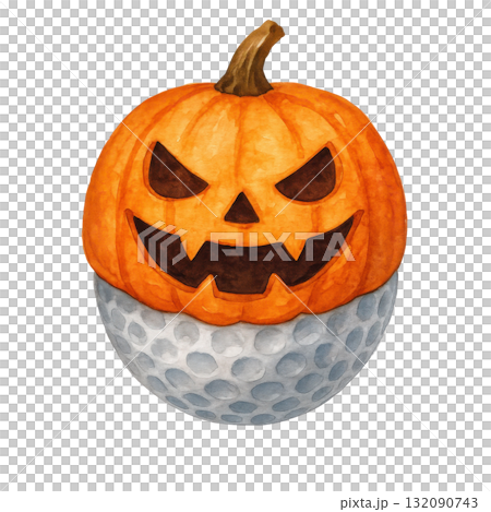Spooky watercolor illustration of single golf ball wearing scary pumpkin mask for Halloween. This funny, creepy clipart isolated on transparency background with menacing grin 132090743
