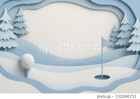 Serene winter golf course in an abstract paper cut design. snowy holiday background shows golf ball and flag, creating calm, peaceful view with space for text 132090751