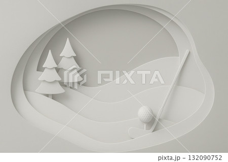 Serene winter golf landscape in minimal composition. This elegant abstract scene has curved paper layers forming snowy hill, tree, club, and ball. calm, clean concept Serene winter golf landscape in minimal composition. This elegant abstract scene has curved paper layers forming snowy hill, tree, club, and ball. calm, clean concept 132090752